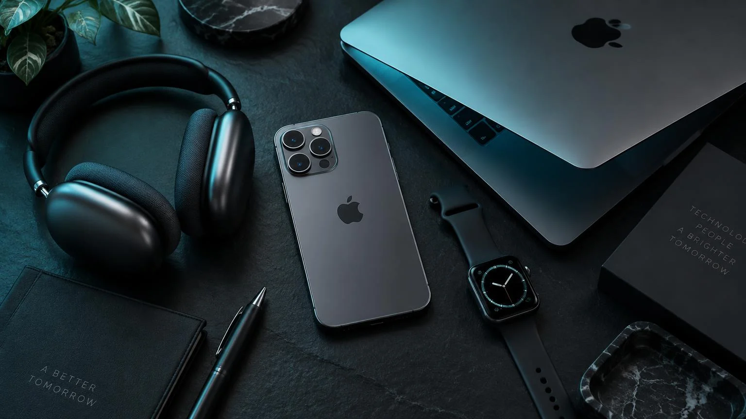 Smartphone, ordinateur portable, casque audio et montre connectée posés sur un bureau sombre